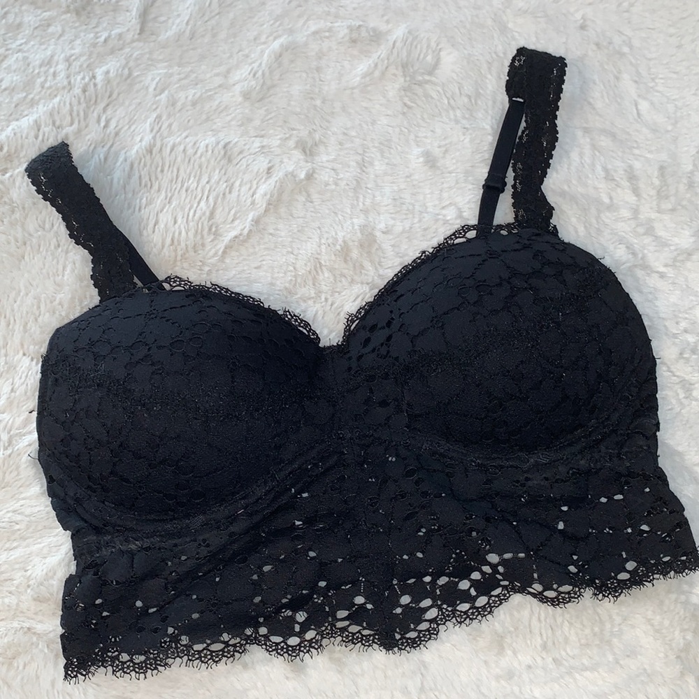 Lace Bralette with Longline Band - Black